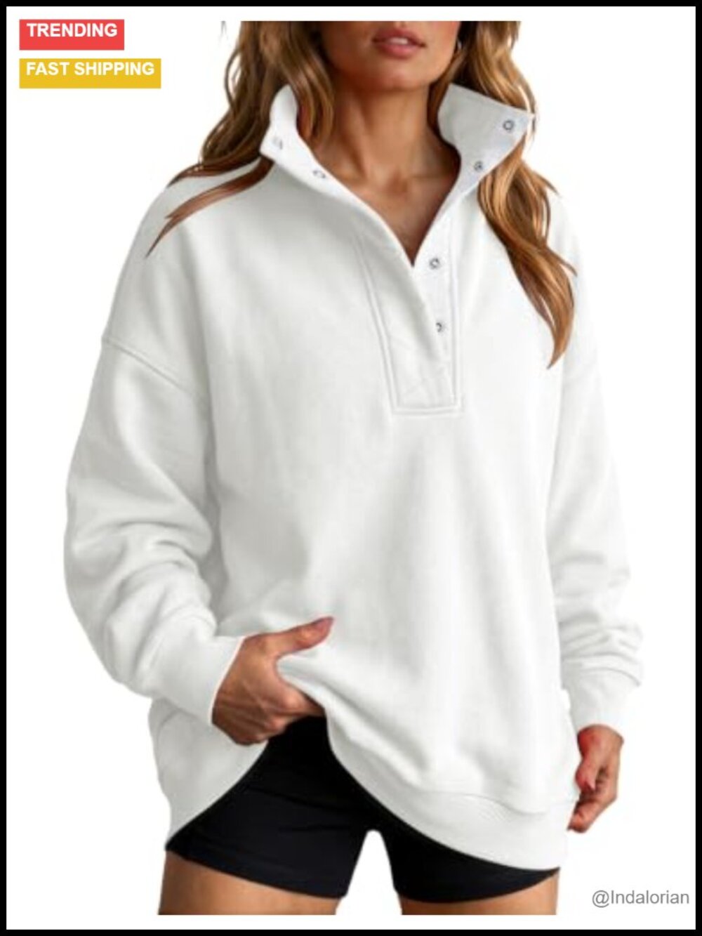 Oversized Button Mock Neck Sweatshirt Cotton Polyester Pullover Women